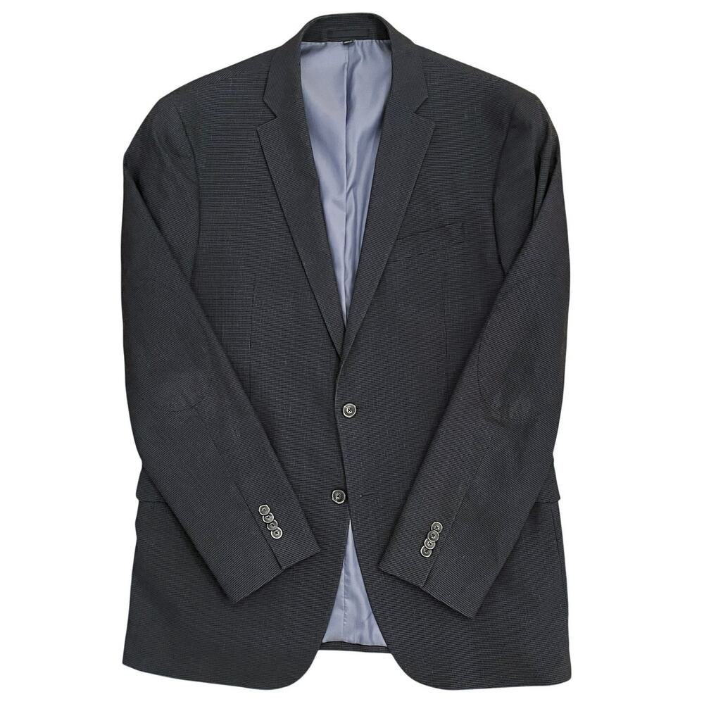 Jos A Bank Linen‎ Cotton Houndstooth Blazer 40L Navy Tailored Fit Elbow Patches